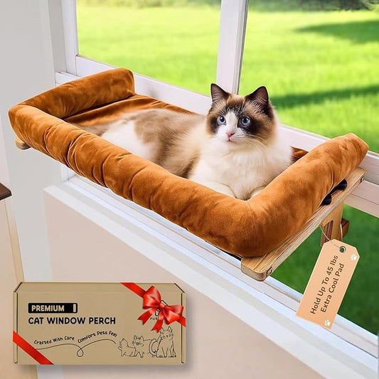[Ready to Gift] PURRHOUSE 45LBS Cat Window Perch with Bolster, Hammock Seat with Plywood & Metal Frame, Cat Bed for Windowsill, Bedside and Cabinet (Natural Wood & Brown Cushion, 24.8''W x 9.4''H)