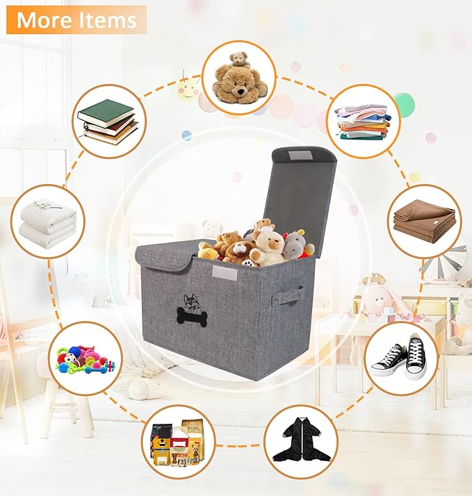 Geyecete Large Storage Boxes - Large Linen Fabric Foldable Storage Cubes Bin Box Containers with Lid and Handles Can be Personalized(Snow Gray)