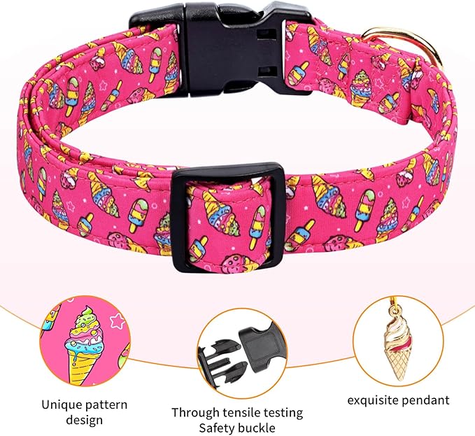 Cotton Dog Collar,Adjustable Cute Puppy Collar with Moon Patterned Design for Small Medium Large Dogs,Soft and Fancy Pet Collar with Safety Buckle for Girl Boy Dogs (Red Ice Cream, Medium)