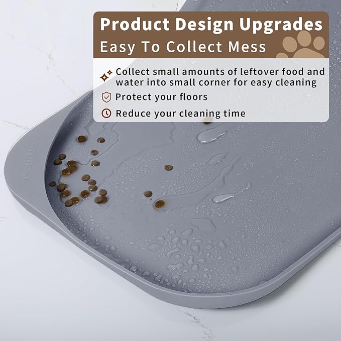 Silicone Pet Food Mat with Raised Edge for Food and Water Bowl, Dog Feeding Mats, Cat Food Trays for Floor Waterproof, Rubber Tray for Dogs and Cats, 17 x 12 x 0.7 Light Gray