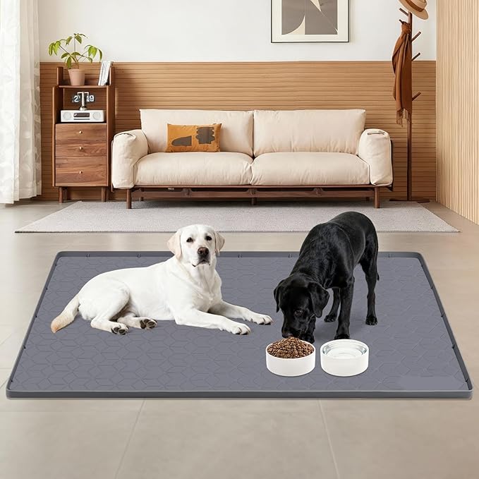Lanstics Dog Food Mat, 34" x 22" Large Silicone Mat Dog Feeding Mat with Raised Edge Non-Slip Pet Feeding Mat for Food and Water Bowl, Easy to Clean, Floor Protection (Gray)