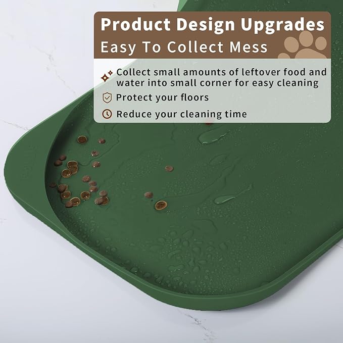 Silicone Pet Food Mat with Raised Edge for Food and Water Bowl, Dog Feeding Mats, Cat Food Trays for Floor Waterproof, Rubber Tray for Dogs and Cats, 22 x 14 x 0.8 Dark Olive