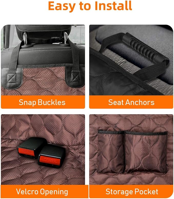 PETICON Dog Car Seat Cover with Mesh Window, 100% Waterproof Pet Seat Cover for Back Seat, Scratchproof Dog Hammock for Cars, Trucks, SUVs, Jeeps, Brown
