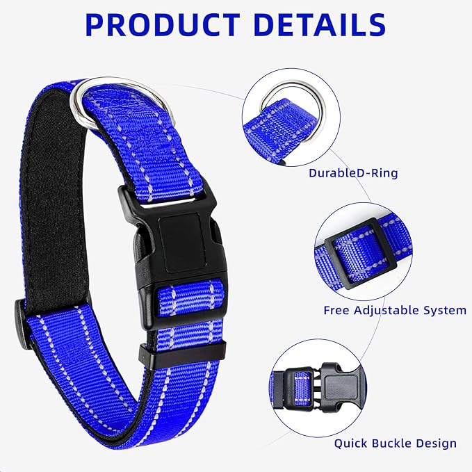Reflective Dog Collar for Extra Large Dogs, Adjustable Collar with Soft Neoprene Padded, Durable Buckle for Daily Walking,Navy Blue,XL