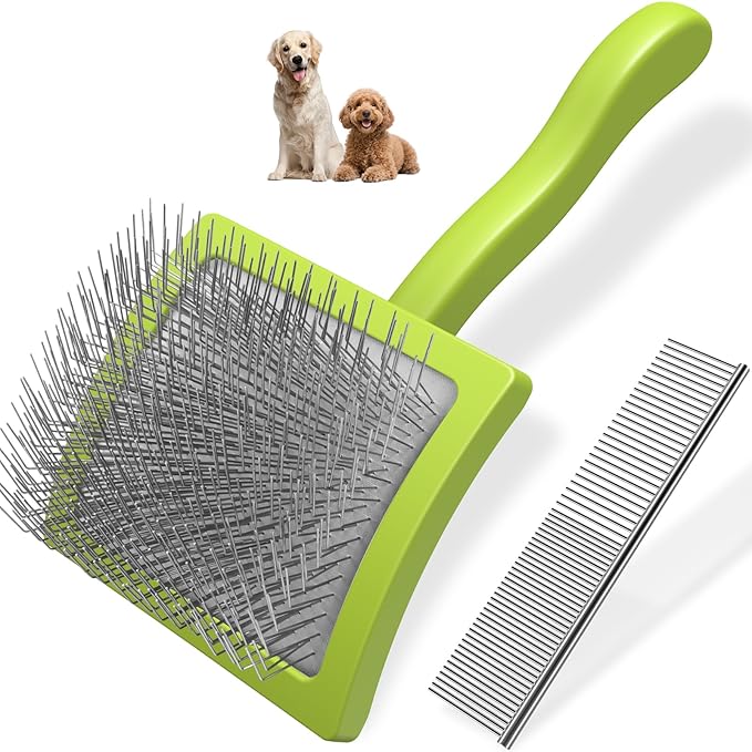 2PCS Slicker Brush for Dogs & Pet Comb,Professional Dog Grooming Brush (Goldendoodles,Poodles,Labradoodles) with Extra Long Pins to Effectively Remove Tangles, Knots and Mats (Green, Large)