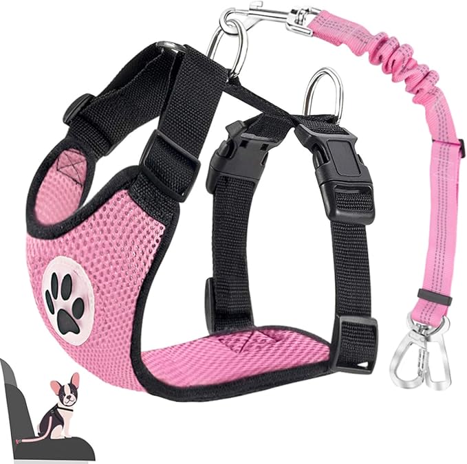 Lukovee Dog Seat Belt for Car, Adjustable Dog Car Harness for Large Medium Small Dogs, Soft Padded & Breathable Mesh Dog Seatbelt with Car Strap and Carabiner (A-Pink,S)