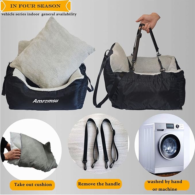 Small Dogs Car Seat,Fully Detachable and Washable Ultra Soft Car Travel Bed, with Clip-on,Two Portable Handle and Storage Pockets Puppy Dog Booster Seats,Portable DogCar Travel Carrier Bed