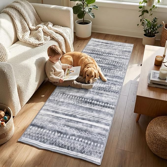 Muddy Mat짰 Greyline 3ft x 7ft Washable Area Rugs for Living Room, Bedroom & Dining Room ??Modern Soft Low Pile Non Slip Carpet ??Pet Friendly Waterproof Foldable Rugs for Home