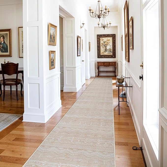 Long Hallway Runner Rugs - 3x16 Washable Runner Rug Low Pile Rug with Non Slip Backing Floor Mat Non Slip Moroccan Indoor Carpet for Kitchen Bedroom Entryway 3x16 Beige