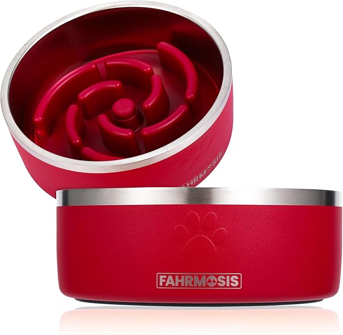 32 Oz Dog Bowl with Slow Feeder Insert Stainless Steel Pet Water Bowl for Medium & Large Breed Non Slip Rubber Base & Plastic Puzzle Feeder - Red
