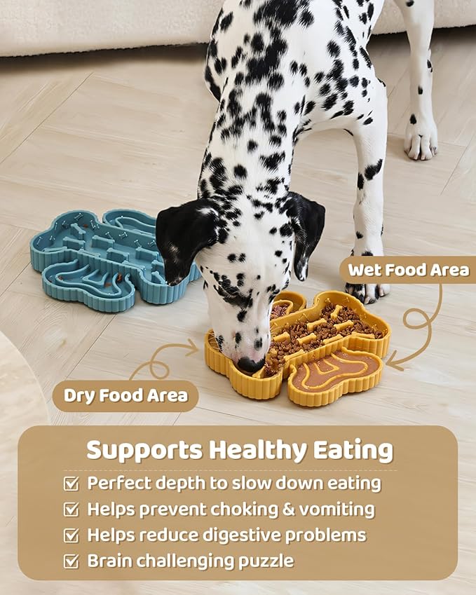 Healthy Slow Feeder Dog Bowl for Fast Eaters - Anti-Gulping Puzzle Feeder with Strong Suction Cups, BPA-Free Pet-Safe Bowl, Dry/Wet Food Compatible for Dog&Cat Yellow (Prevents Bloat & Indigestion)