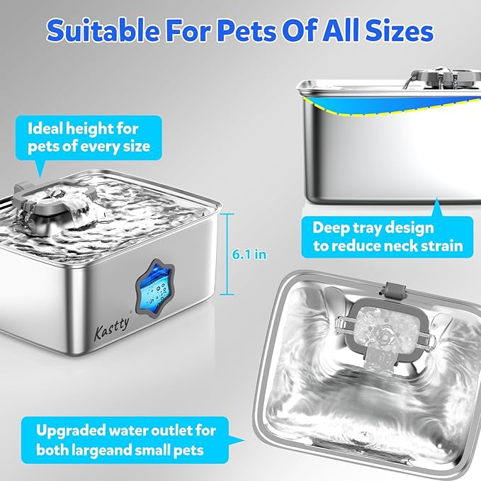 Kastty Large Dog Water Fountain, 15L/4Gal Stainless Steel Pet Water Bowl Dispenser with Visual Window, Dual-Color LED, Ultra Quiet, Automatic Water Fountain for Large Medium Dogs & Multi-pet, FS81