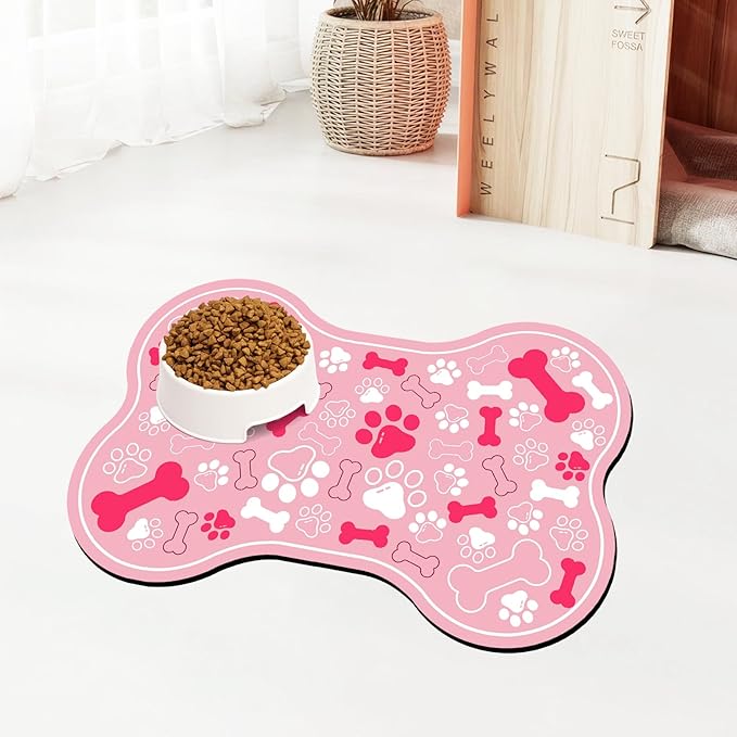 Dog & Cat Food Mat Bone Shaped Pet Feeding Mat Quick Absorb Water Bowl Placemat with Rubber Backing Indoor Floor Stain Resistant Pet Accessory Supplies (Light Pink Small, 12x18 Inches)