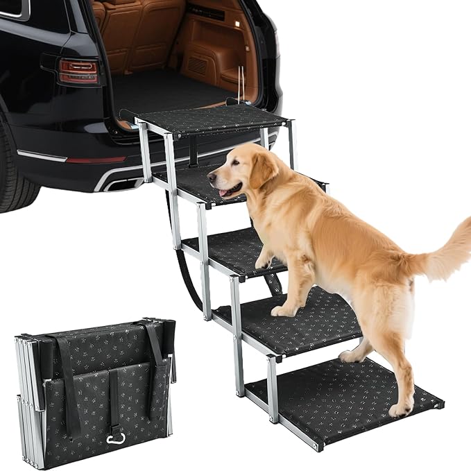 Saker Foldable Dog Ramp for Cars, SUVs, Trucks, Portable Pet Dog Stairs with Non-Slip Surface & Reinforced Design, Lightweight Yet Sturdy Supports Up to 200lbs (Extra Wide-5 Pet Steps)