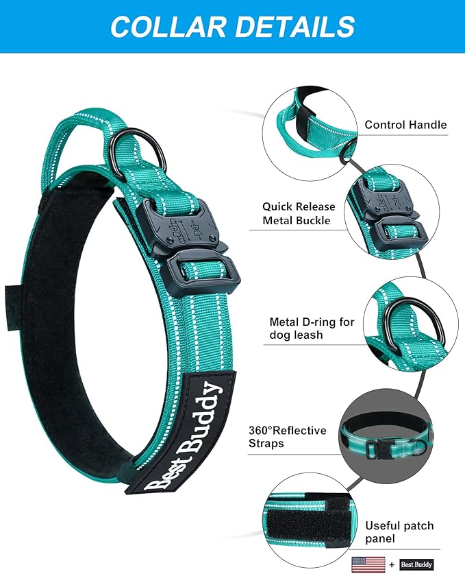 AUBELL Tactical Dog Collar and Leash Set, Reflective Adjustable Heavy Duty Military K9 Collars with Handle and Metal Buckle for Large Dogs, with Airtag Case and 2 Patches(Teal,L)