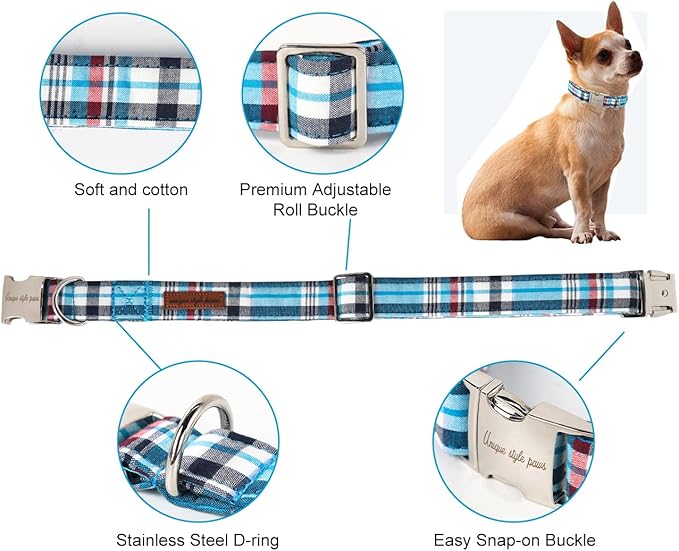 Unique Style Paws Dog Collar with Metal Buckle - Blue Plaid Collar Gift for Small, Medium & Large Dogs