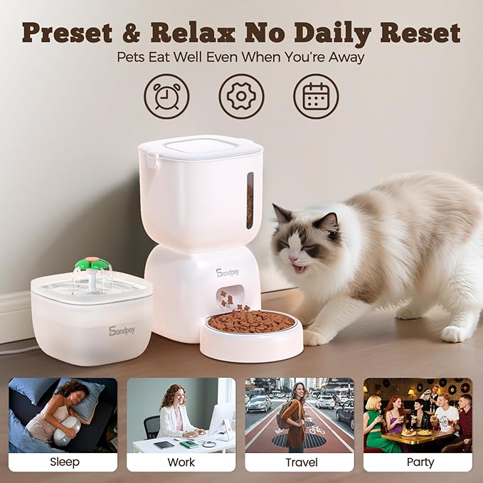 Automatic Cat Feeder and Water Dispenser FW1, 3L Cat Food Dispenser with Locking Lid, Two-in-One Set Timed Dog Feeder for Cats and Puppies, Pet Feeder with Portion Control, 4 Daily Meals