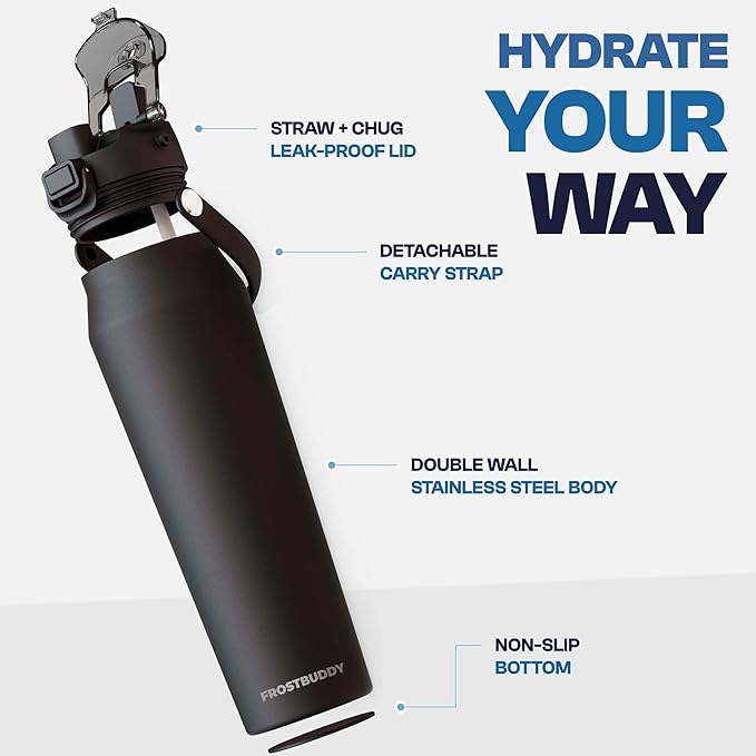 Frost Buddy 24oz Insulated Water Bottle with Straw & Chug Lid | Leak-Proof Stainless Steel | 24-Hours Cold | Sweat-Proof, Cup Holder Friendly | Ideal for Gym, Travel, Sports & Everyday Hydration