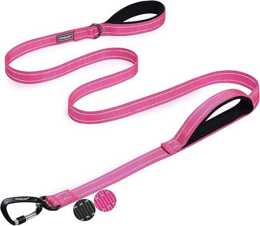 VIVAGLORY Dog Leash Lighthook Double Handle Dog Leash with Traffic Handle & Locking Carabiner for Walking & Training, Traffic Control Lightweight Carabiner for Puppy Pet, 5ft x 1in, Pink