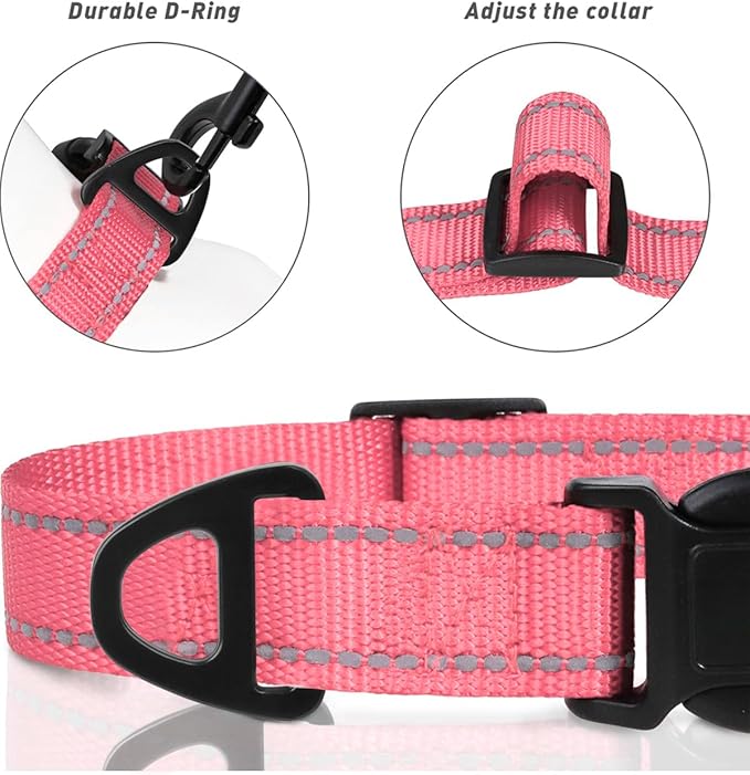 TagME Small Dog Collars, Adjustable Reflective Nylon Pet Collar with Quick Release Buckle for Small Dogs, Baby Pink, 5/8" Width