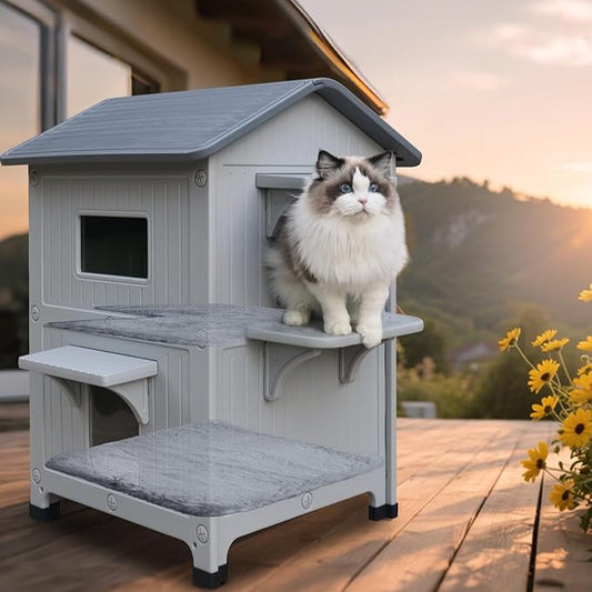 Weatherproof Outdoor Cat House with Mat for Feral Multi Cat, 2 Storey Plastic Insulated Elevated Cat Shelter with Escape Door, Easy Assemble, Expansive Interior‌ Grey 34" D x 21" W x 21.5" H