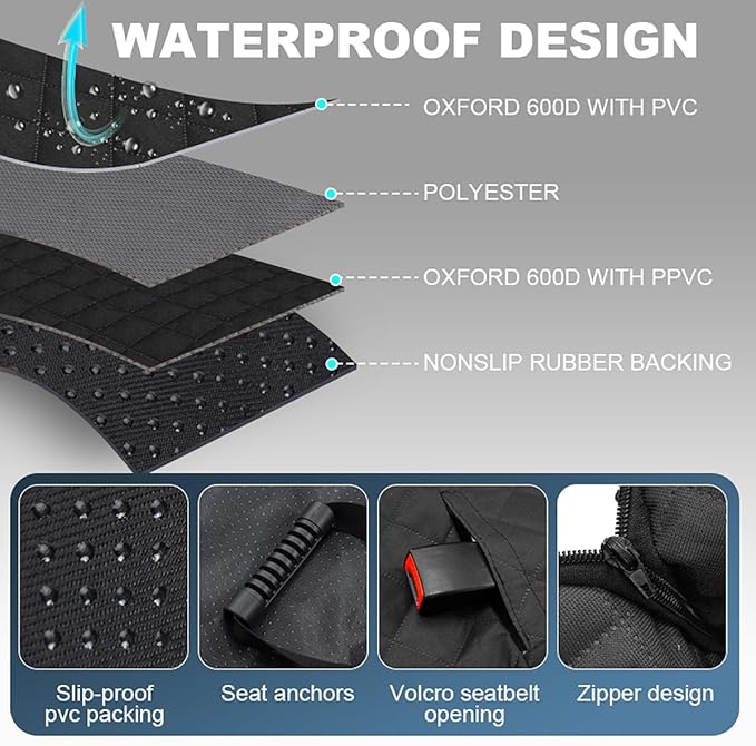 Dog Car Seat Cover, 4-Layer Waterproof Back Seat Protector with Mesh Windows,3 Accessories Pockets Nonslip Pet Hammock Style for Cars Trucks SUVs, Include 1 Dog Safety Belt (Black-Grey)
