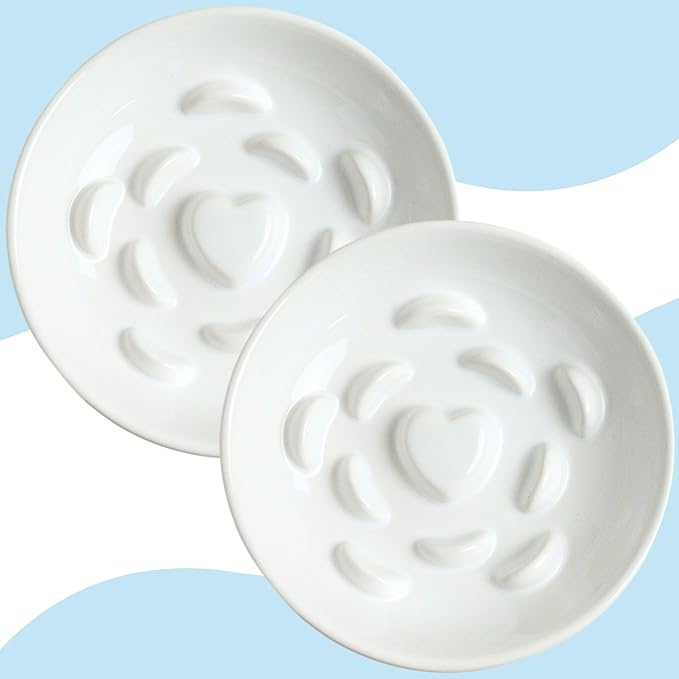 2 Pack Ceramic Slow Feeder Cat Bowl, Raised Puzzle Feeder, Anti Vomiting, Elevated Food Bowl, Whisker Friendly (White)