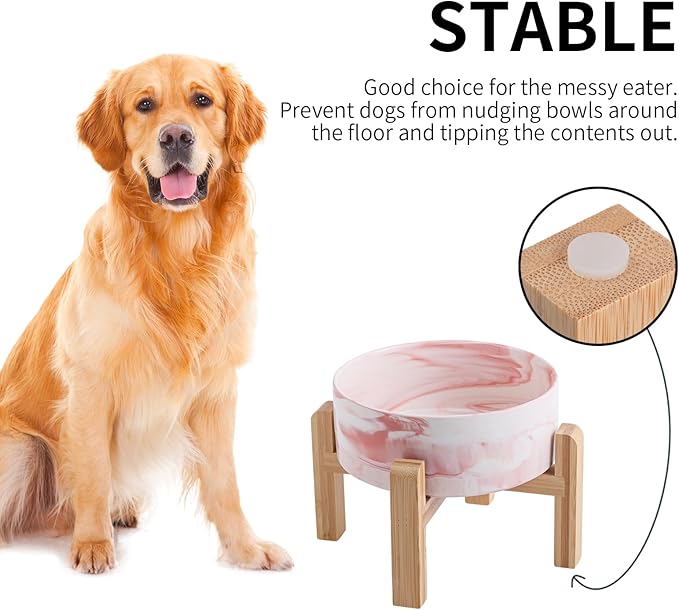 Raised/Elevated Ceramic Dog Bowl for Medium Large Sized Breeds,Dog Food Water Bowl with Stand,8 in 7.6 Cups Non Slip Heavy Weighted Marble Pink