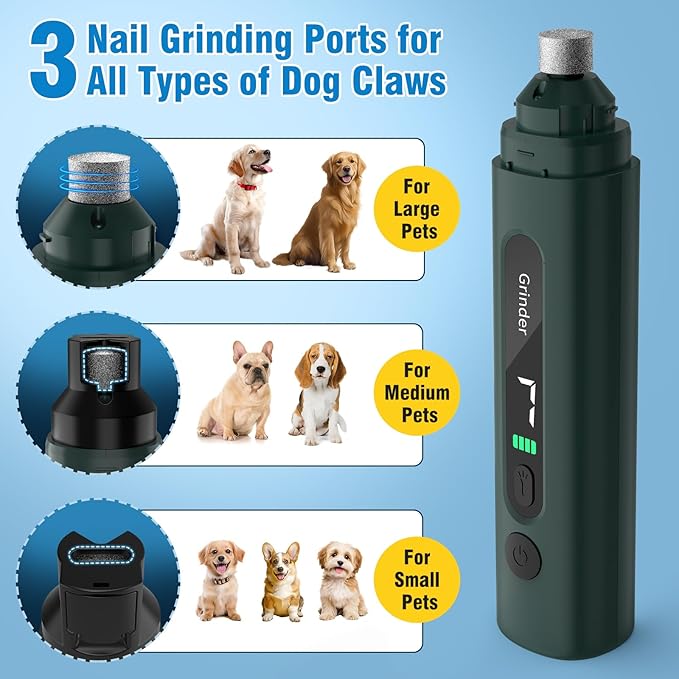 Dog Nail Grinder, 7-Speed Quiet Electric Dog Nail Trimmers, Dog Nail Clippers with Sponge Dust Collection & File for Small Medium Large Dogs, Rechargeable Pet Paw Grooming Supplies Kit(Green)
