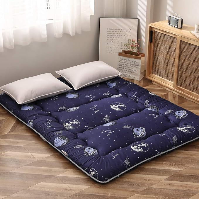 MAXYOYO Navy Space Adventure Japanese Floor Futon Mattress, Thicken Tatami Mat Sleeping Pad Foldable Bed Roll Up Mattress Floor Lounger Bed Couches and Sofas for Kids Queen Size