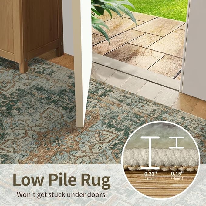 8x10 Area Rugs for Living Room Bedroom, Large Washable Rug, Green Vintage Retro Boho Rug, Non Slip & Low Pile Faux Wool Thin Carpet for Indoor Dining Room and Kids Room(Green/Brown 8x10ft)