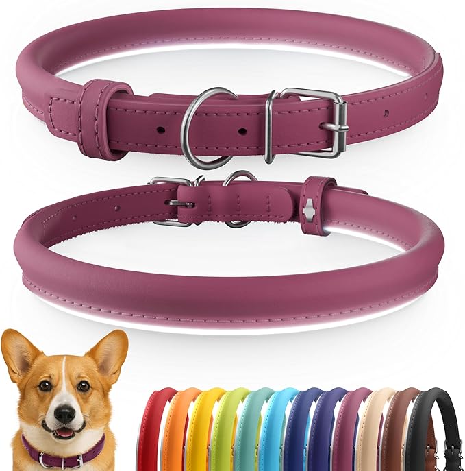 CollarDirect Rolled Leather Dog Collar, Soft Padded Round Puppy Collar, Handmade Genuine Leather Collar Dog Small Large Cat Collars 13 Colors (13-16 Inch, Pink Smooth)