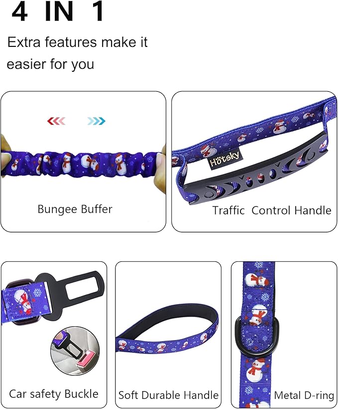 Hotsky Tactical Dog Leash Heavy Duty for Medium Large Dogs That Pull,4-6Ft Strong Bungee Shock Absorbing No Pull Dog Leash with Padded Double Handle and Car Seatbelt,Snow man