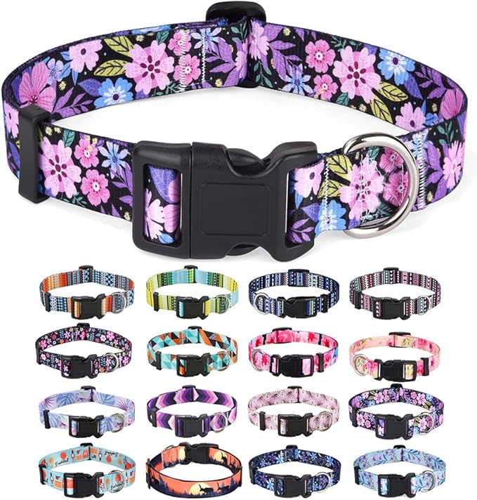 Dog Collar with Bohemia Floral Tribal Geometric Patterns - Soft Ethnic Style Collar Adjustable for Small Medium Large Dogs(Floral Pink,S)