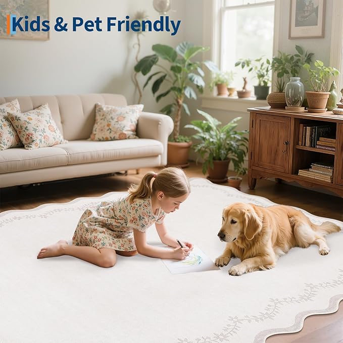 GarveeHome Round Area Rugs 5ft for Bedroom, Solid Beige Washable Circle Rug Soft Non Slip Floral Print Floor Mat Carpet Indoor Thin Rug for Kids Room Dining Room Playroom Nursery