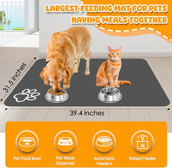 Dog Food Mat, 39.4"x31.5" Largest Absorbent Dog Mat for Food and Water, Non Skid Cat Bowl Mat, No Stains Quick Dry for Pet Water Dispenser Pet Supplies for Messy Drinkers
