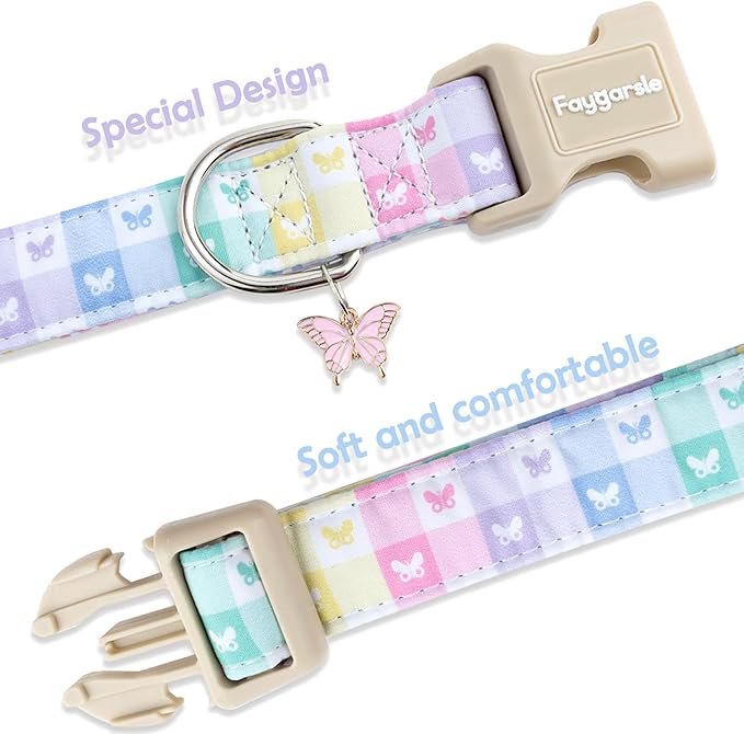 Faygarsle Pastel Butterfly Print Dog Collar, Adjustable with Quick-Release Buckle, Lightweight Summer Design for Small Medium Large Dogs Colorful XS