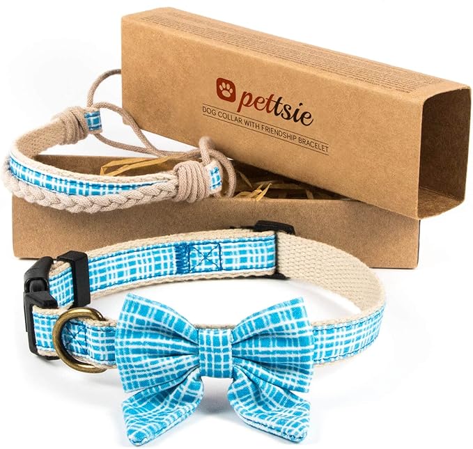 Pettsie Dog Bow Tie Collar with Matching Friendship Bracelet – Adjustable, Durable Hemp & Soft Cotton, Stylish & Comfortable for Sensitive Skin, Elegant Gift Box, Small, Blue