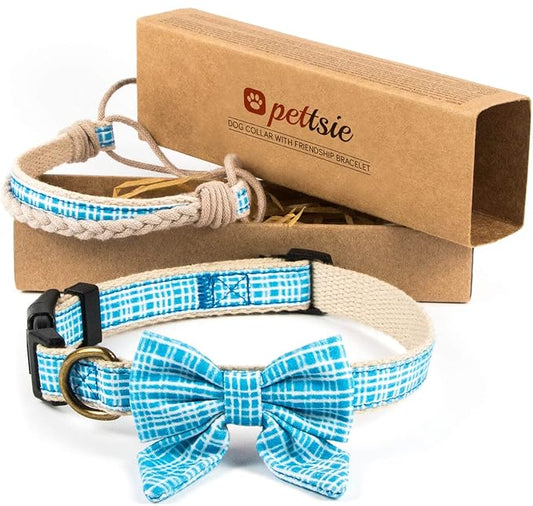Pettsie Dog Bow Tie Collar with Matching Friendship Bracelet – Adjustable, Durable Hemp & Soft Cotton, Stylish & Comfortable for Sensitive Skin, Elegant Gift Box, Small, Blue