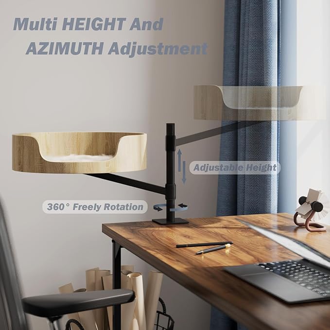 cat Desk Bed,Wood Elevated Large cat Bed for Desk Mount,Space-Saving 360°Rotating & Adjustable Shelf Elevated Desk clamp pet Bed
