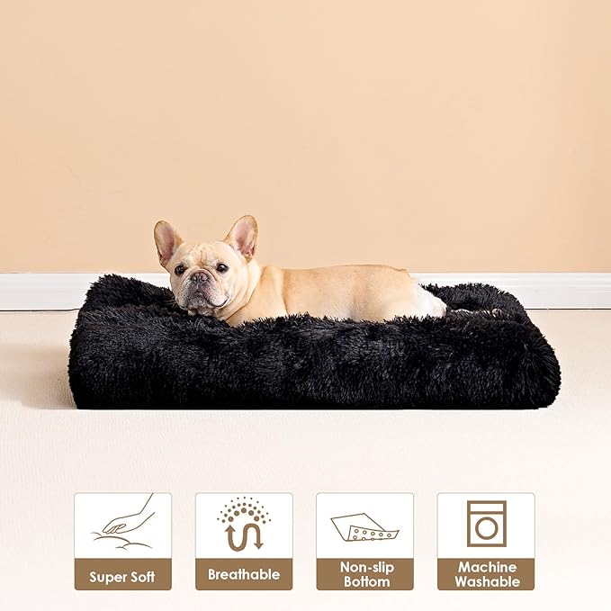 EHEYCIGA Fluffy Dog Crate Bed for Medium Dogs, Plush Faux Fur Crate Pad, Calming Anti Anxiety Medium Dog Bed, Washable Soft Warm Crate Mat with Non-Slip Bottom, Black
