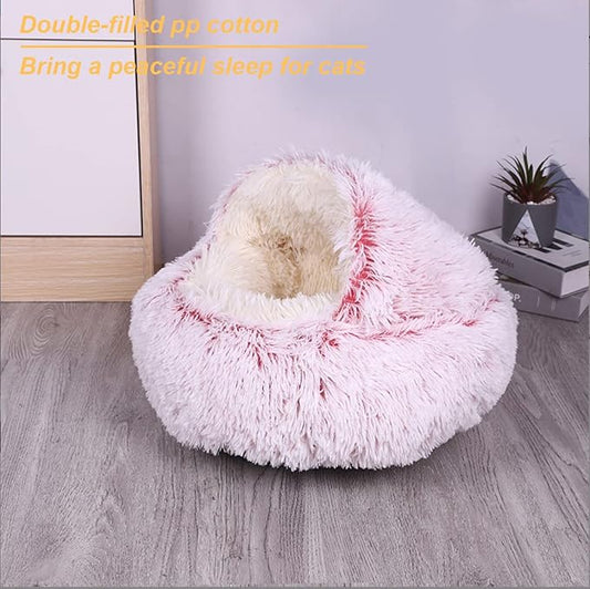 Anti-Anxiety Cat Bed, Plush Hooded Cave, 20 in Diameter, Suitable for Small to Medium Pets, Pink