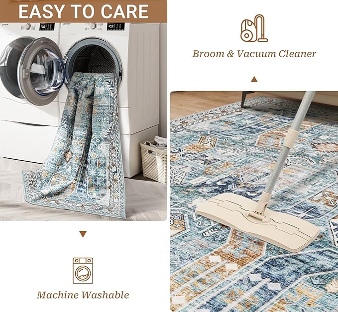 Washable Rug 8x10 Area Rugs for Living Room - Stain Resistant Non-Slip Backing Rugs for Bedroom - Vintage Large Area Rug (Blue/Gold, 8'x10')