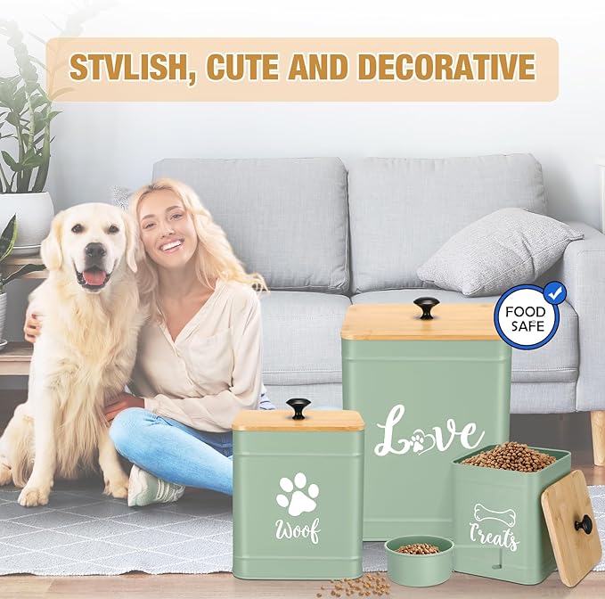 Metal Dog Treat Containers Set of 3 with Bamboo Lids and Spoon Airtight 7+3+2 lbs Dog Food Snack Jars with DIY Labels Big Pet Cookie Storage Jar for Kitchen Counter (Sage Green,Cute)
