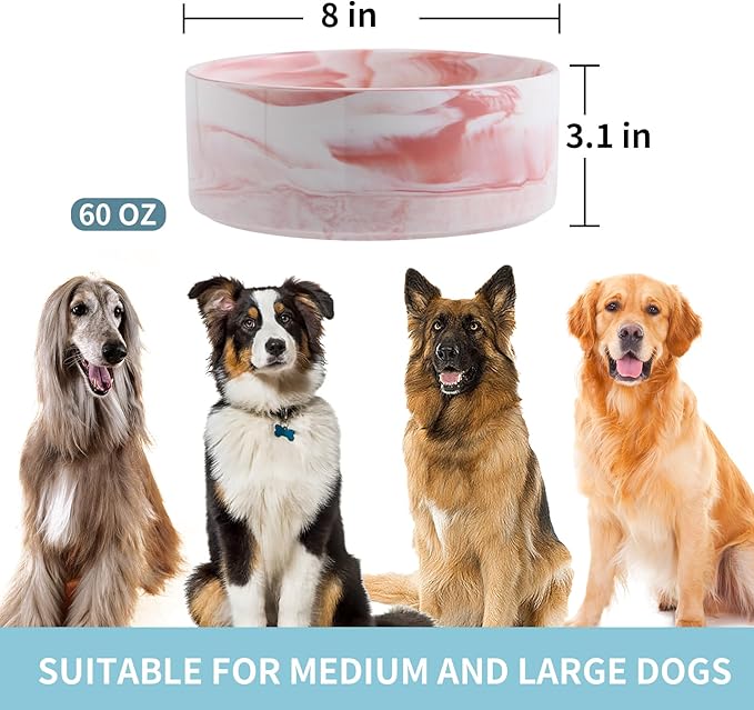 Raised/Elevated Ceramic Dog Bowl for Medium Large Sized Breeds,Dog Food Water Bowl with Stand,8 in 7.6 Cups Non Slip Heavy Weighted Marble Pink