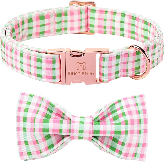 Maca Bates St. Patrick's Day Irish Plaid Dog Collar with Fancy Bow Tie,Cherry Pink Green Gingham Pattern for Extra Small Girl Boy Dogs,Adjustable Durable Soft Collars Gift for Male Female Puppy