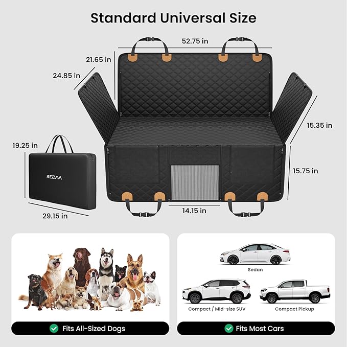 REEVAA Dog Car Seat Cover for Back Seat, Hard Bottom Dog Hammock, Pet Bed Extender for 2-4 Large/Medium Dogs, Waterproof Seat Protector, Universal L Size Fits for Car/SUV, Black+Orange