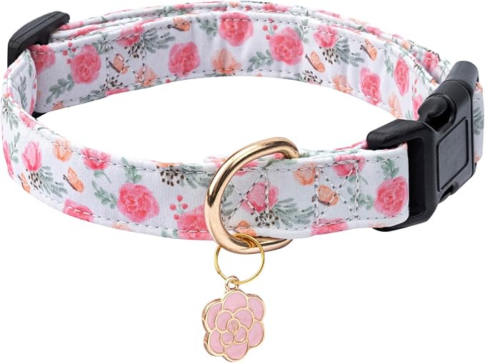 Cotton Dog Collar,Adjustable Cute Puppy Collar with Moon Patterned Design for Small Medium Large Dogs,Soft and Fancy Pet Collar with Safety Buckle for Girl Boy Dogs (Pink Flower, S)