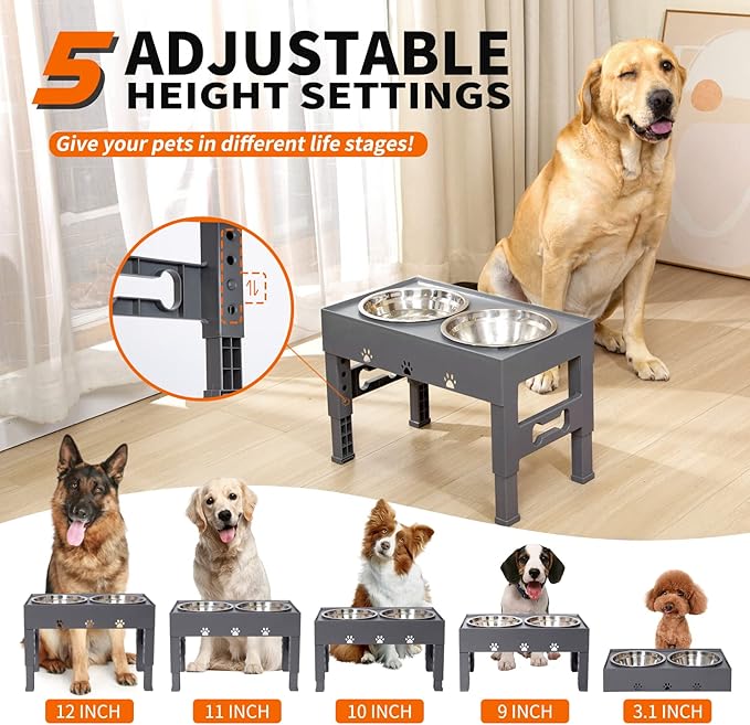 Elevated Dog Bowls with 2 Stainless Steel Bowls, Raised Dog Food Bowl Stand 5 Height Adjustable (3.1", 9", 10", 11", 12") Non-Slip Feeder Set for Medium and Large Dogs - Gray