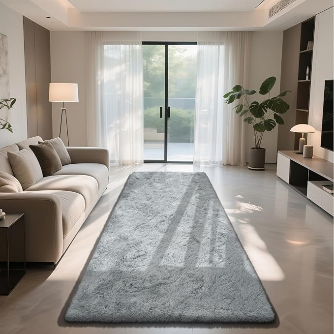 Soft Runner Rugs for Bedroom, Grey 3x7 Area Rugs Fluffy Rug Shaggy Area Rug Carpet, Bedside Rug for Living Room Bedroom Kids Room Home Decor
